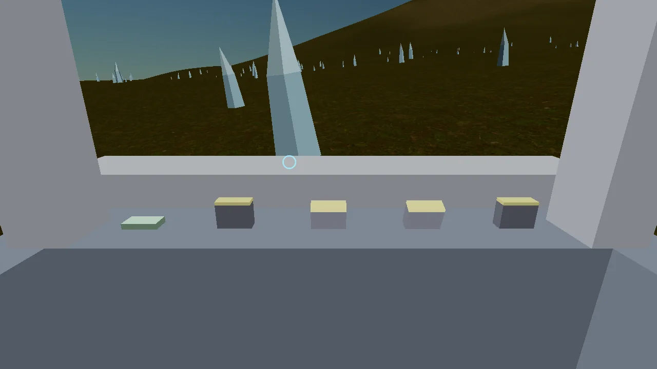 Blick aus dem Cockpit des Schiffs auf die Planetenoberflaeche, Schalter und Instrumente im Vordergrund.