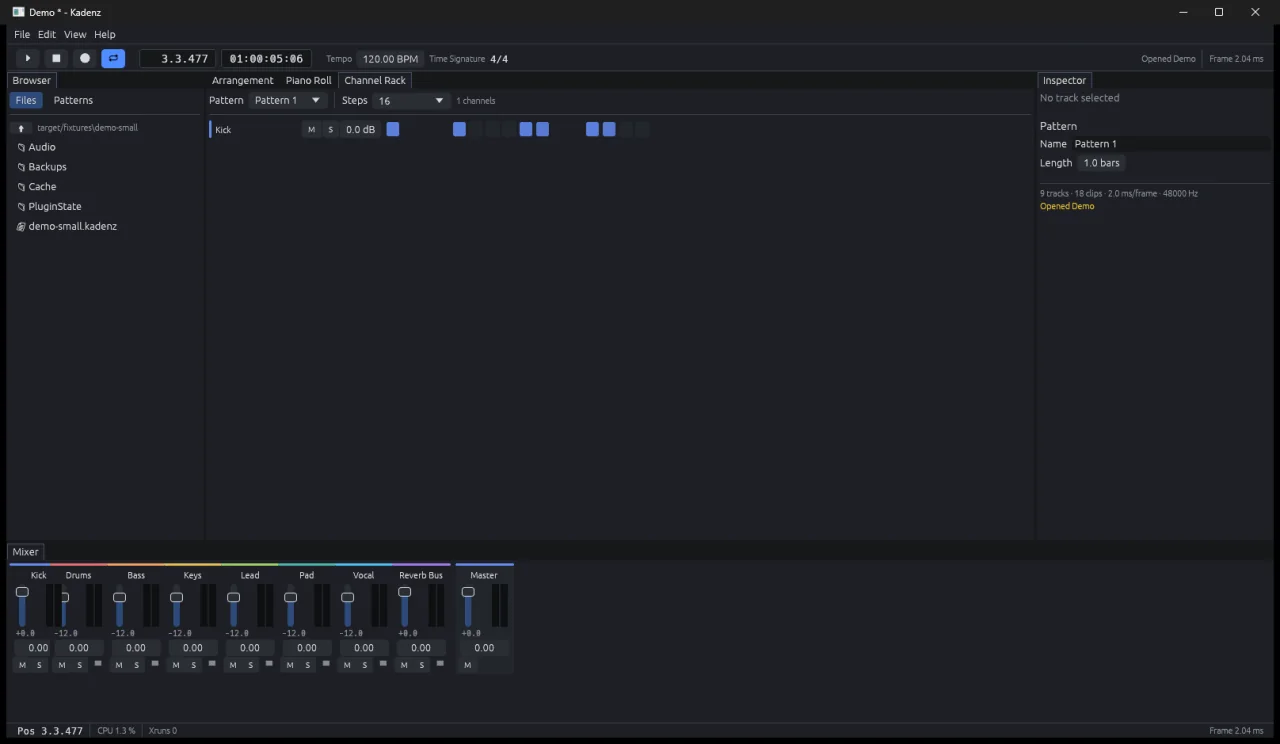Das Channel Rack mit den Kanaelen des Projekts und ihren Reglern.